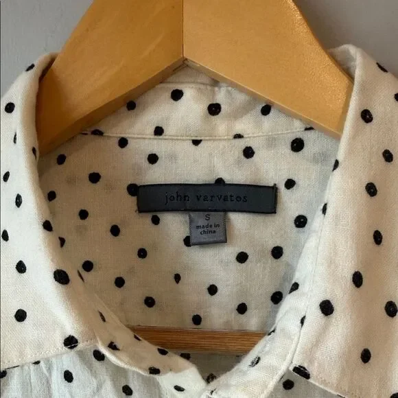 John Varvatos Dotted Short Sleeve Polka Dot Cotton Linen Button Down Shirt - Picture 2 of 9